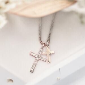 NEW 14K yellow gold plated double Cross Christian CZ chain necklace jewelry B22B